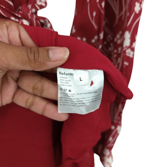 REFORMATION Women L Susanna Dress Bryce Red Floral Wrap Midi V Neck NEW - Picture 5 of 7